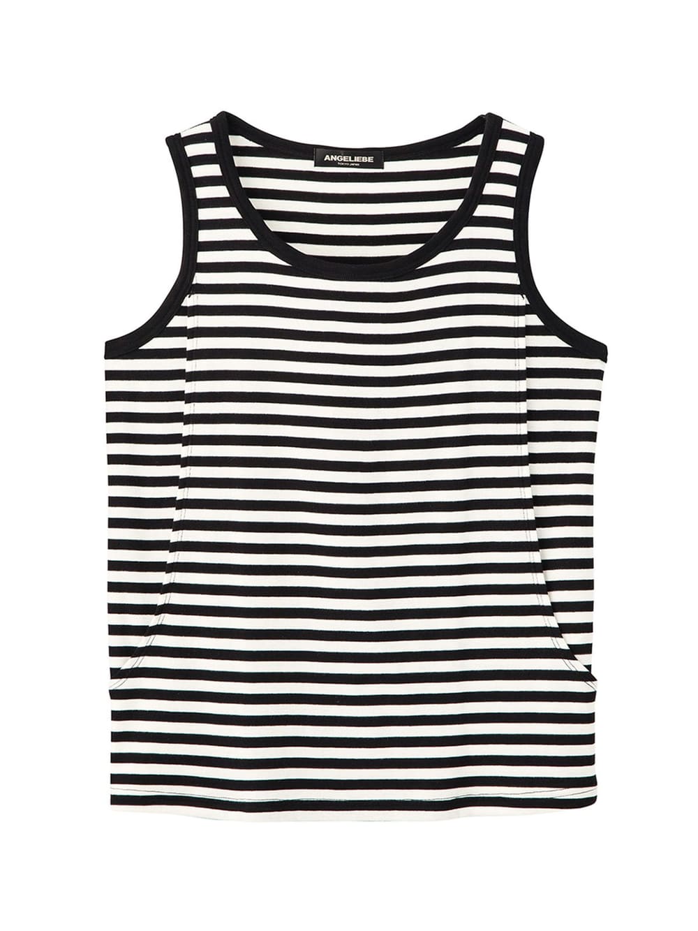 マタニティ トップス|綿混やわらかフライスタンクトップ　マタニティ・授乳服【出産後も長く使える】|ブラック×オフボーダー