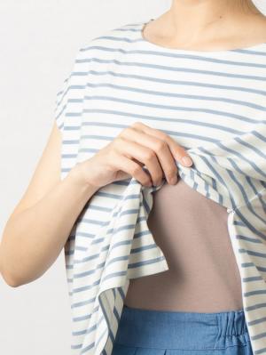 マタニティ トップス|先染めボーダーキャップスリーブTシャツ　マタニティ・授乳服【出産後も長く使える】