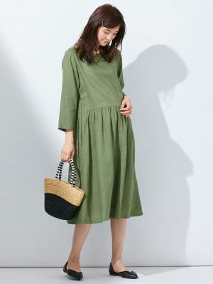 マタニティ ワンピース|リネン七分袖ワンピース　マタニティ・授乳服【出産後も長く使える】|グリーン