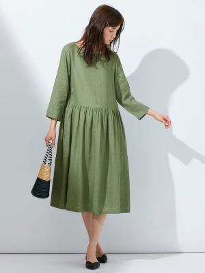 マタニティ ワンピース|リネン七分袖ワンピース　マタニティ・授乳服【出産後も長く使える】|グリーン