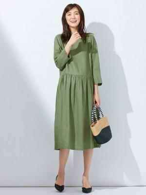 マタニティ ワンピース|リネン七分袖ワンピース　マタニティ・授乳服【出産後も長く使える】|グリーン