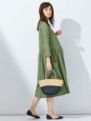 マタニティ ワンピース|リネン七分袖ワンピース　マタニティ・授乳服【出産後も長く使える】|グリーン