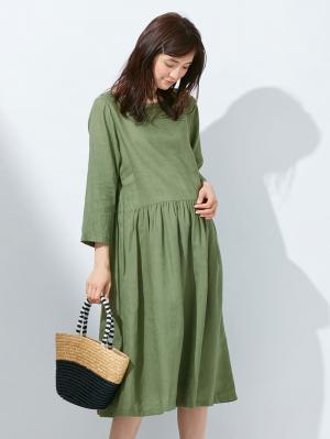 マタニティ ワンピース|リネン七分袖ワンピース　マタニティ・授乳服【出産後も長く使える】|グリーン