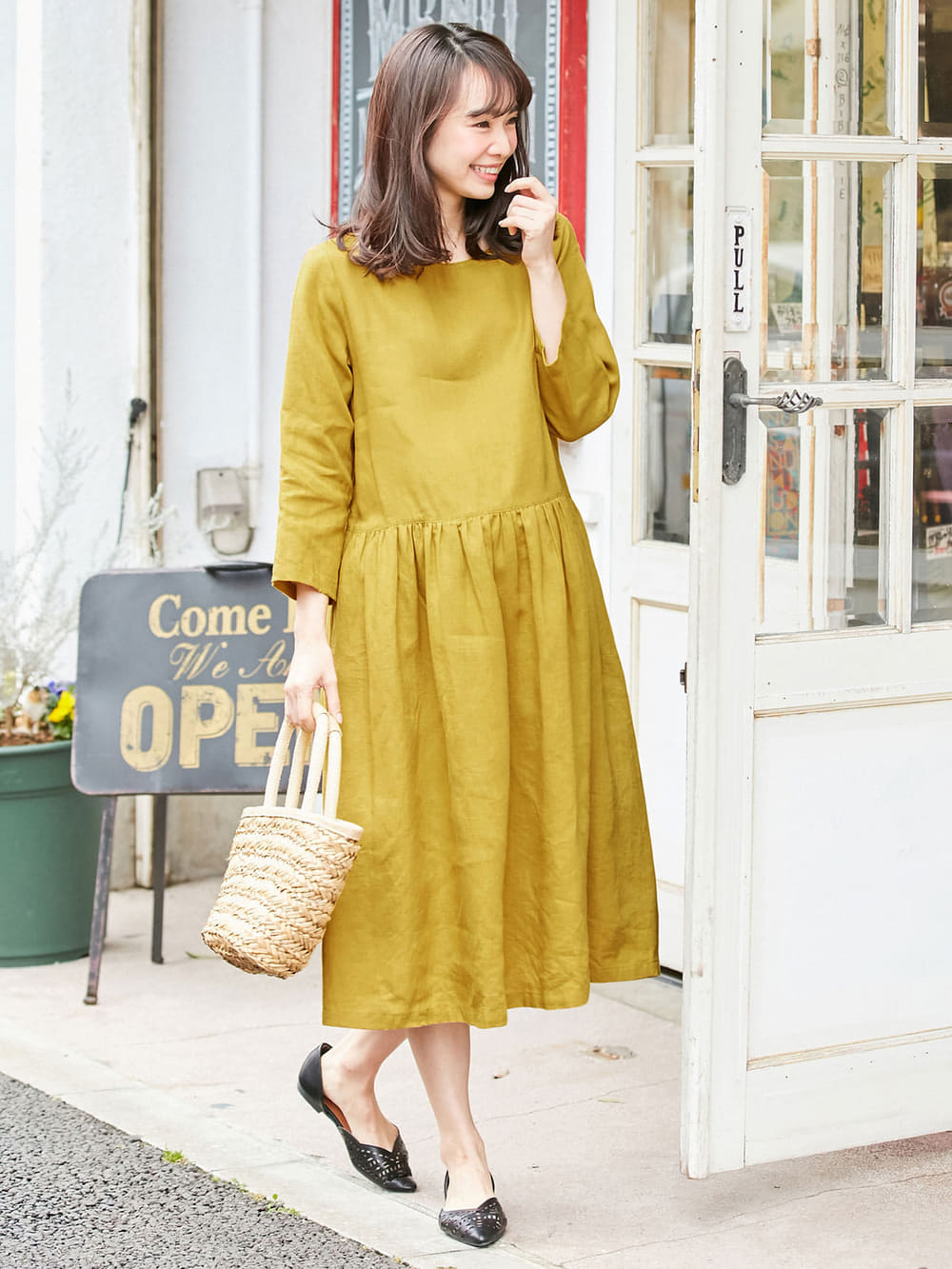 マタニティ ワンピース|リネン七分袖ワンピース　マタニティ・授乳服【出産後も長く使える】|カラシ