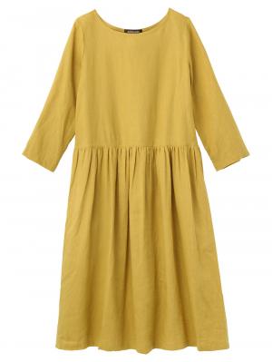 マタニティ ワンピース|リネン七分袖ワンピース　マタニティ・授乳服【出産後も長く使える】|カラシ