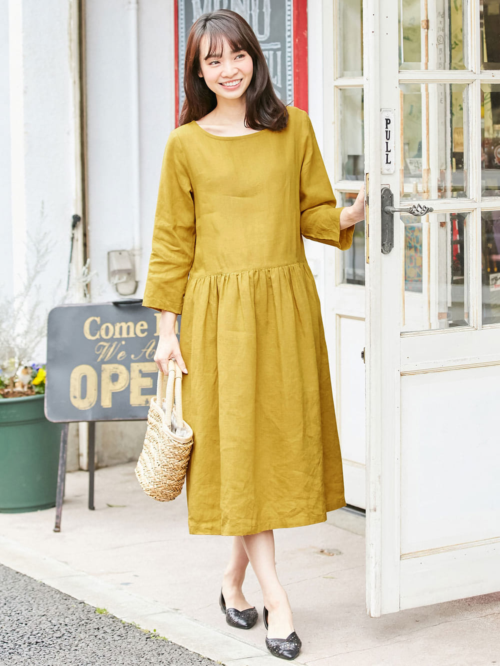 マタニティ ワンピース|リネン七分袖ワンピース　マタニティ・授乳服【出産後も長く使える】|カラシ