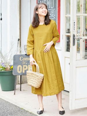 マタニティ ワンピース|リネン七分袖ワンピース　マタニティ・授乳服【出産後も長く使える】|カラシ