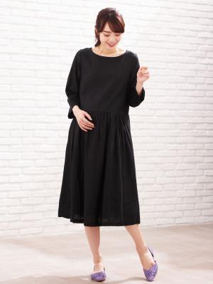 マタニティ ワンピース|リネン七分袖ワンピース　マタニティ・授乳服【出産後も長く使える】|ブラック