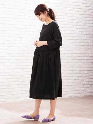 マタニティ ワンピース|リネン七分袖ワンピース　マタニティ・授乳服【出産後も長く使える】|ブラック