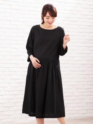 マタニティ ワンピース|リネン七分袖ワンピース　マタニティ・授乳服【出産後も長く使える】|ブラック