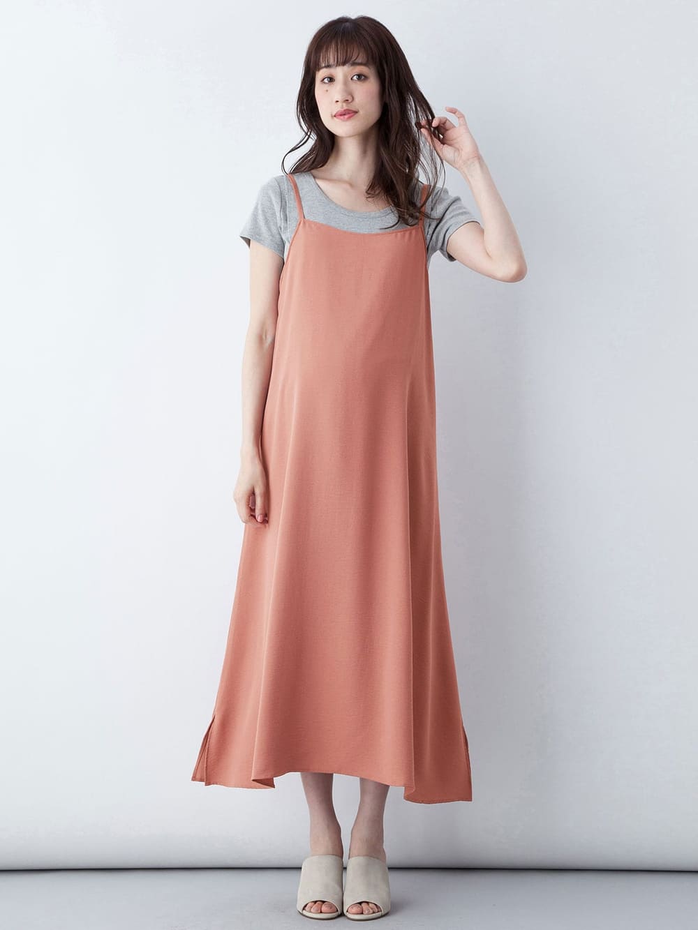 マタニティ ワンピース|エステルストレッチキャミソールフレアワンピース　マタニティ・授乳服|ピンク