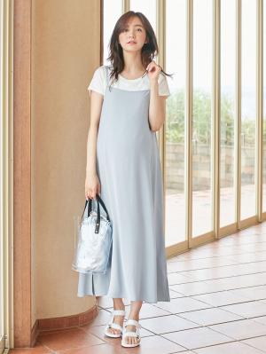 マタニティ ワンピース|エステルストレッチキャミソールフレアワンピース　マタニティ・授乳服|サックス