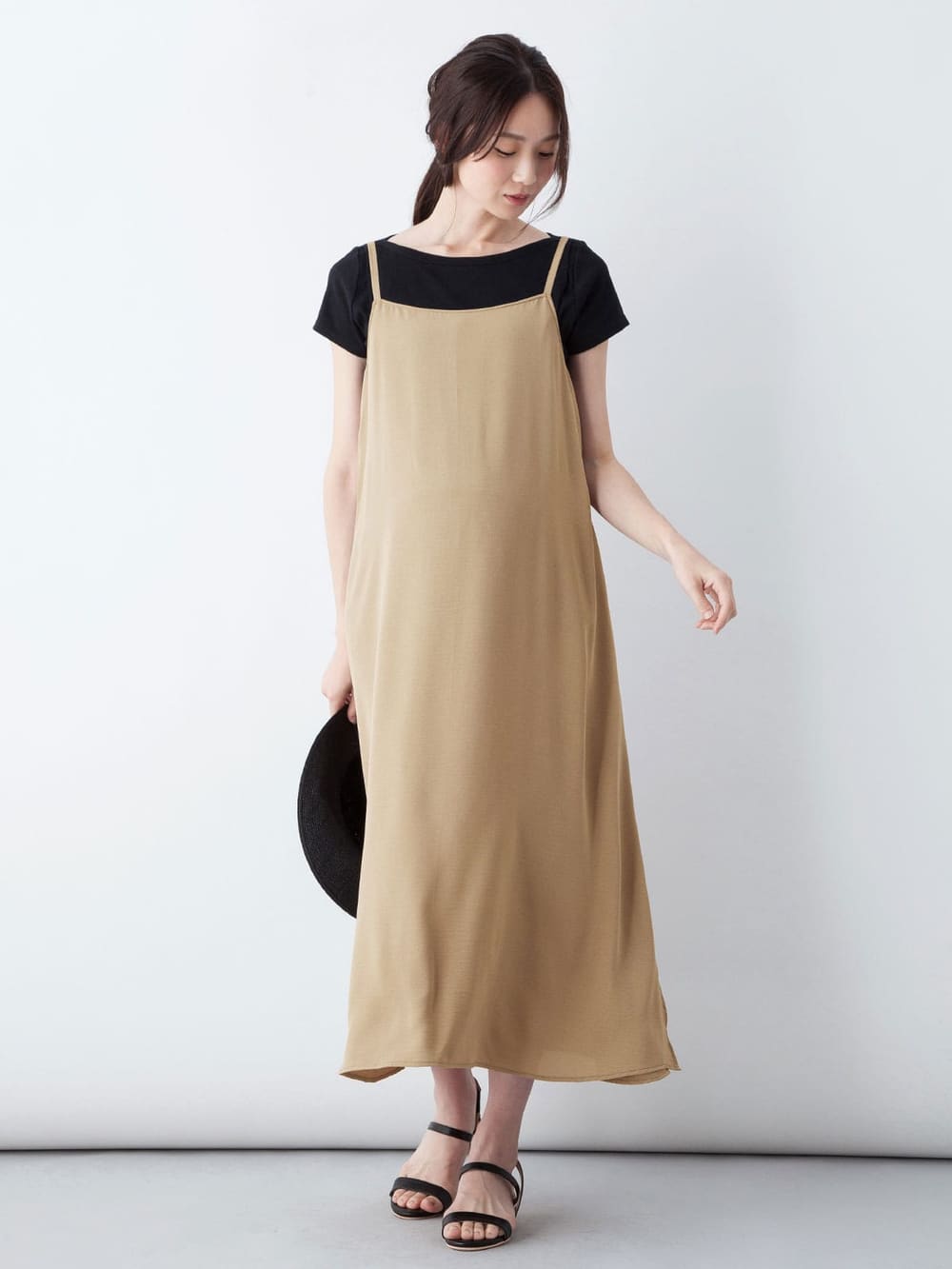 マタニティ ワンピース|エステルストレッチキャミソールフレアワンピース　マタニティ・授乳服|ベージュ