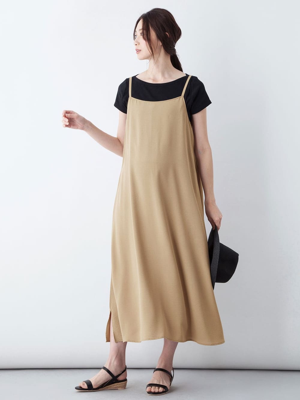 マタニティ ワンピース|エステルストレッチキャミソールフレアワンピース　マタニティ・授乳服|ベージュ