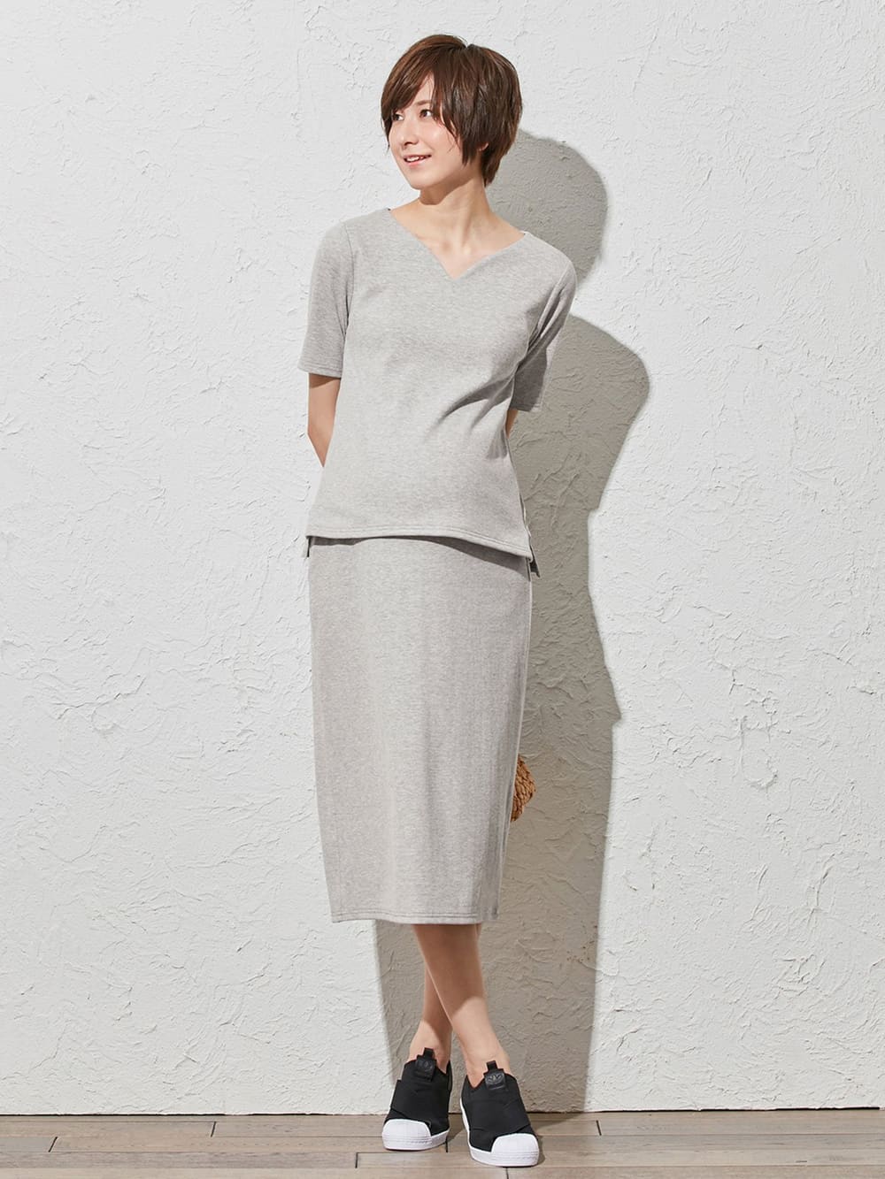 マタニティ スカート|【産前産後対応】【セットアップ可】テレコタイトスカート【出産後も長く使える】|杢グレー