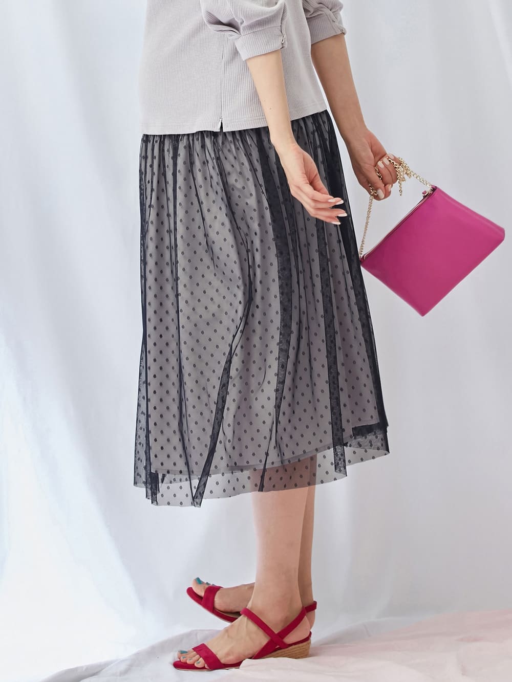 マタニティ スカート|【産前産後対応】ドットチュールスカート【出産後も長く使える】|ネイビードット×ペールグレー