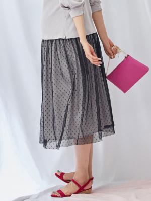 マタニティ スカート|【産前産後対応】ドットチュールスカート【出産後も長く使える】|ネイビードット×ペールグレー