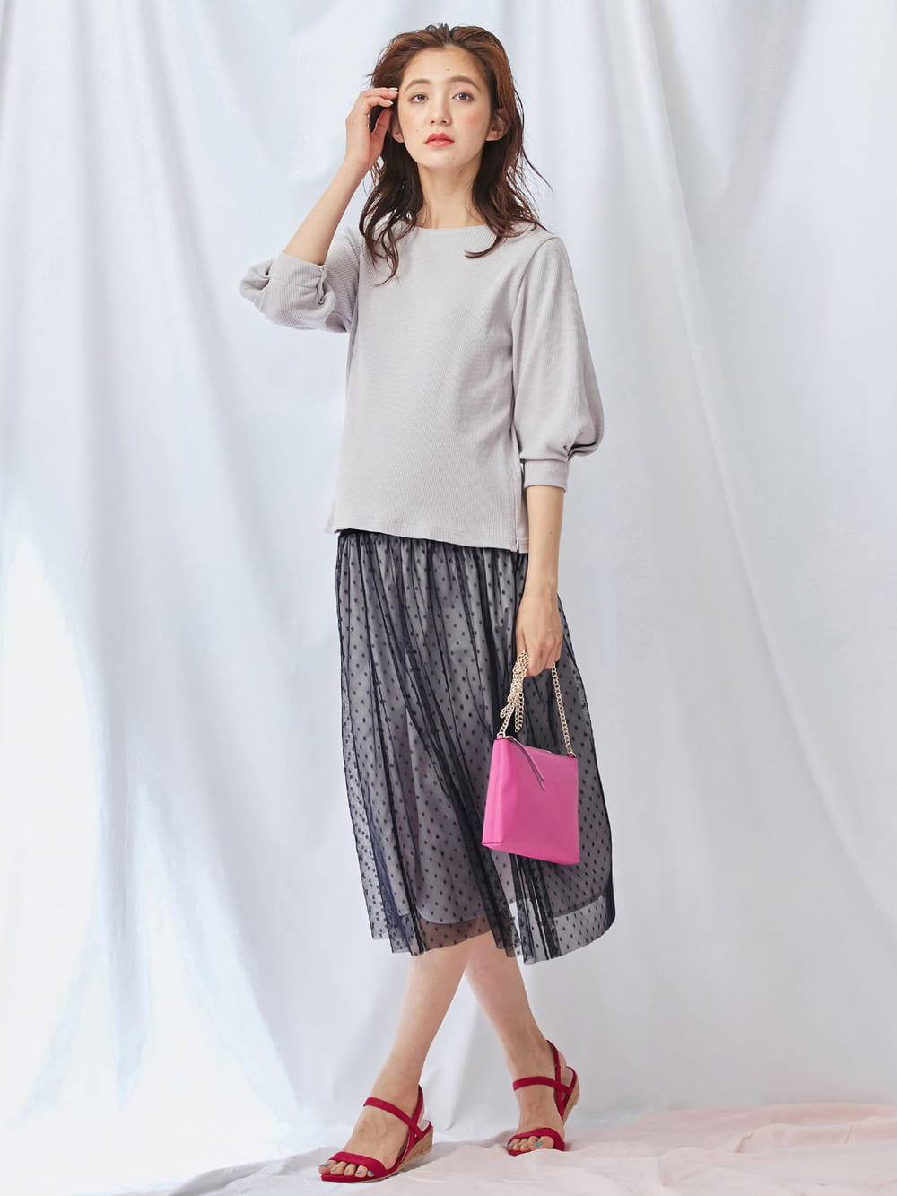 マタニティ スカート|【産前産後対応】ドットチュールスカート【出産後も長く使える】|ネイビードット×ペールグレー