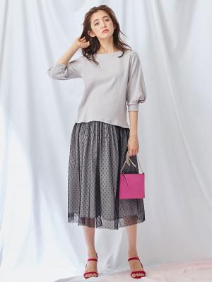マタニティ スカート|【産前産後対応】ドットチュールスカート【出産後も長く使える】|ネイビードット×ペールグレー