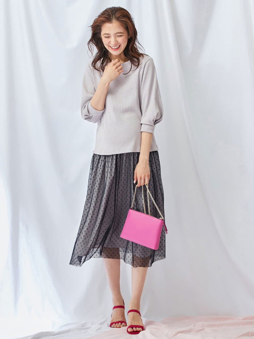 マタニティ スカート|【産前産後対応】ドットチュールスカート【出産後も長く使える】|ネイビードット×ペールグレー