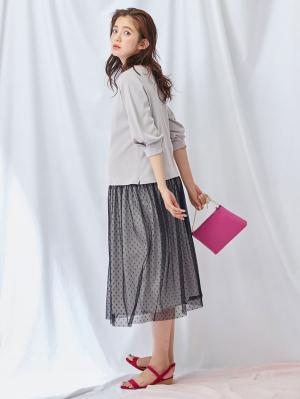 マタニティ スカート|【産前産後対応】ドットチュールスカート【出産後も長く使える】|ネイビードット×ペールグレー