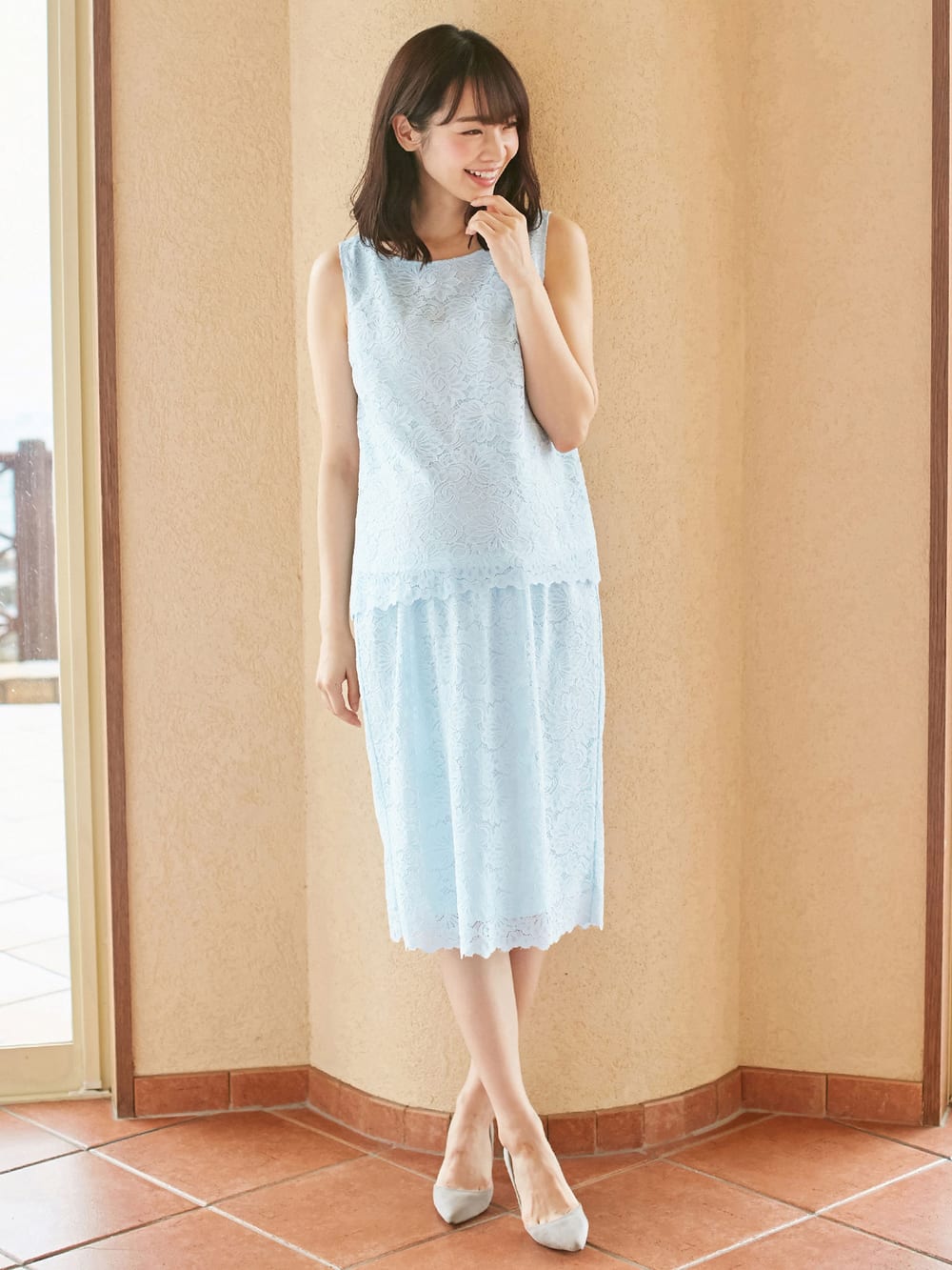 マタニティ スカート|【産前産後対応】【セットアップ可】総レースタイトスカート【出産後も長く使える】|サックス