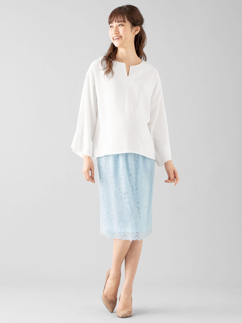 マタニティ スカート|【産前産後対応】【セットアップ可】総レースタイトスカート【出産後も長く使える】|サックス