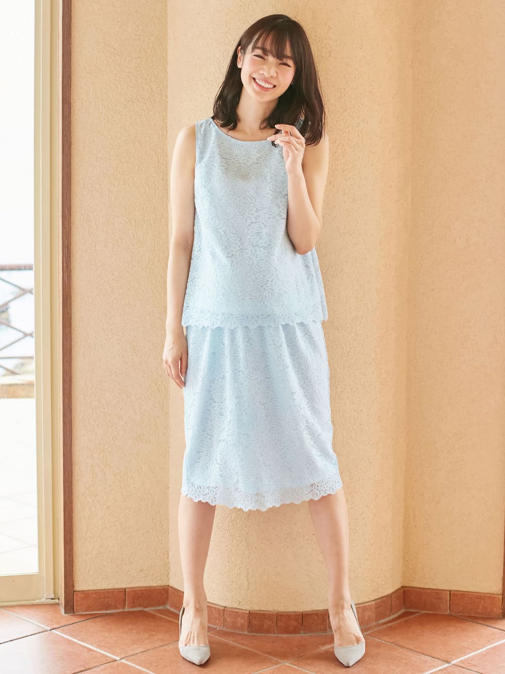 マタニティ スカート|【産前産後対応】【セットアップ可】総レースタイトスカート【出産後も長く使える】|サックス