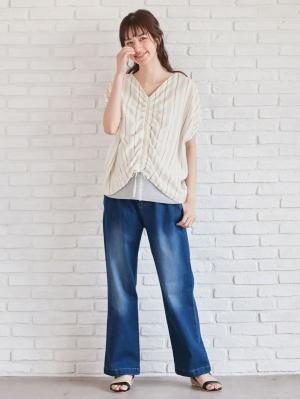 マタニティ トップス|マルチストライプドロストドルマンシャツ【出産後も長く使える】|ベージュ