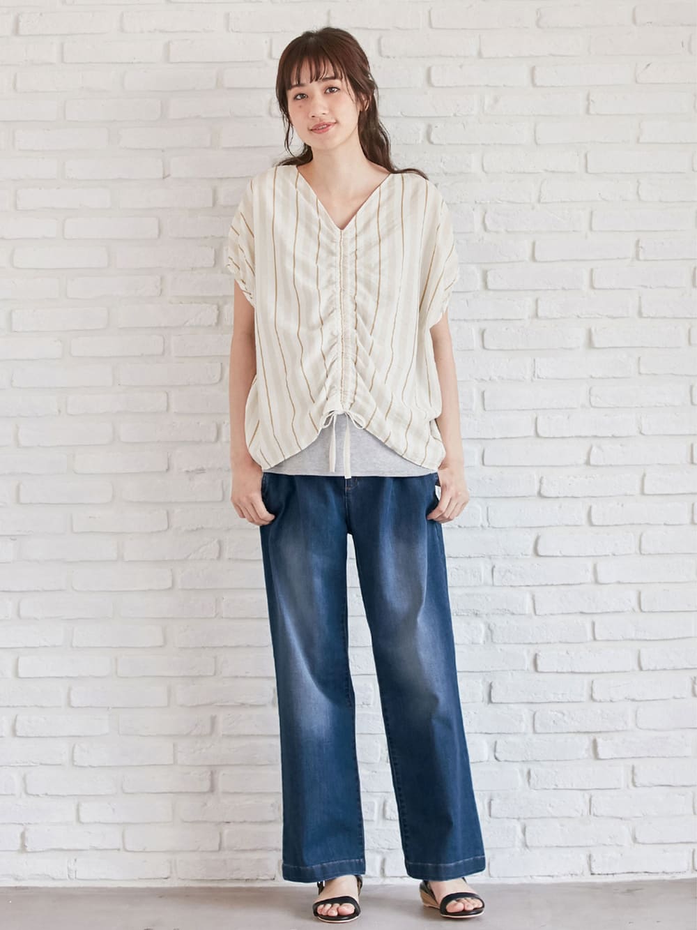 マタニティ トップス|マルチストライプドロストドルマンシャツ【出産後も長く使える】|ベージュ