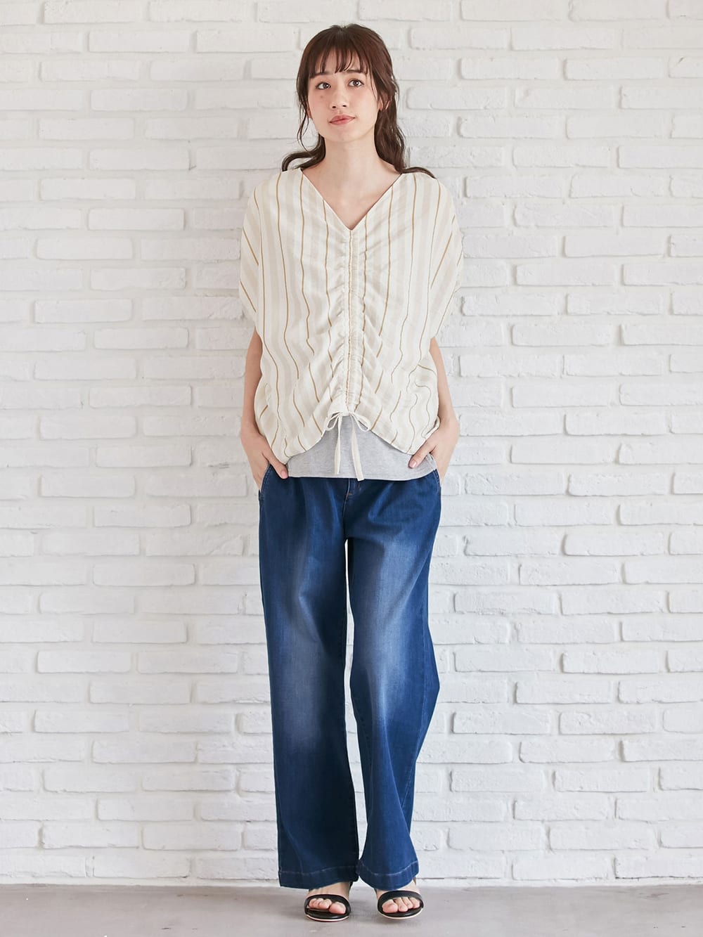 マタニティ トップス|マルチストライプドロストドルマンシャツ【出産後も長く使える】|ベージュ