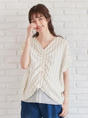 マタニティ トップス|マルチストライプドロストドルマンシャツ【出産後も長く使える】|ベージュ