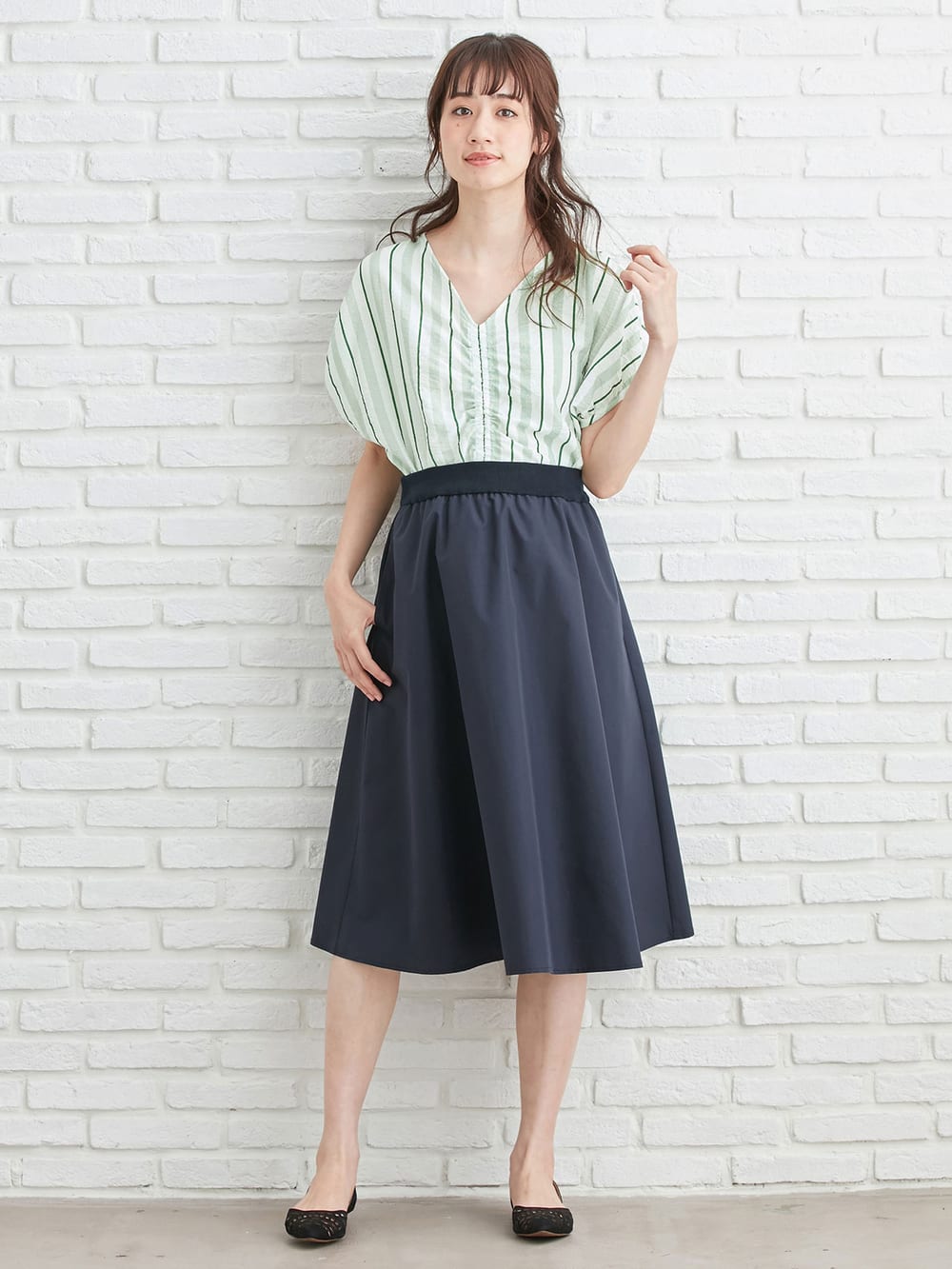 マタニティ トップス|マルチストライプドロストドルマンシャツ【出産後も長く使える】|グリーン