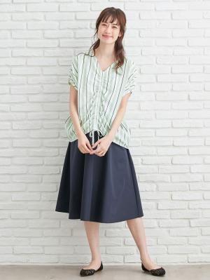 マタニティ トップス|マルチストライプドロストドルマンシャツ【出産後も長く使える】|グリーン