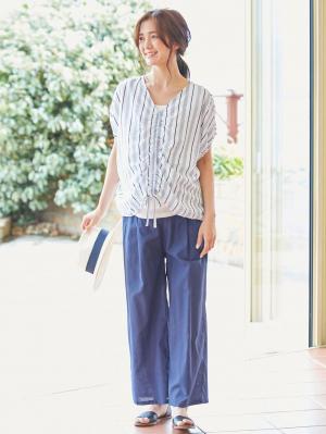 マタニティ トップス|マルチストライプドロストドルマンシャツ【出産後も長く使える】|ネイビー