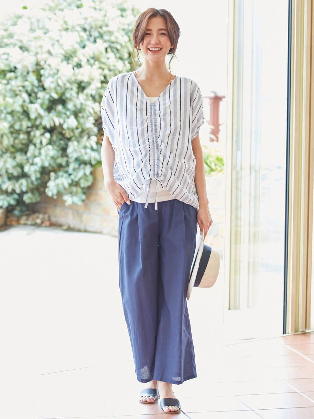 マタニティ トップス|マルチストライプドロストドルマンシャツ【出産後も長く使える】|ネイビー