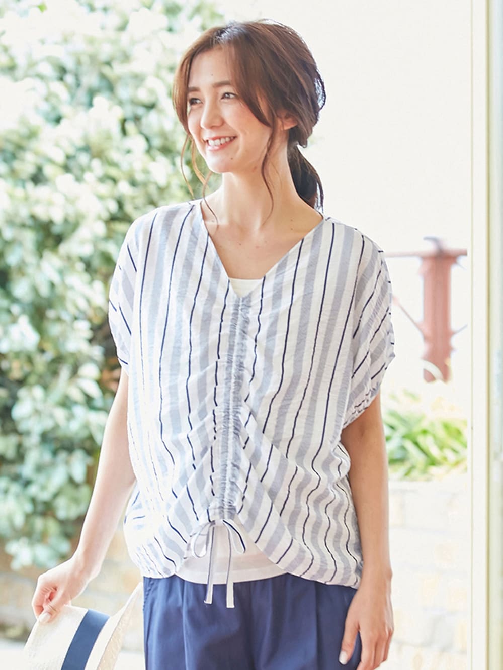 マタニティ トップス|マルチストライプドロストドルマンシャツ【出産後も長く使える】|ネイビー