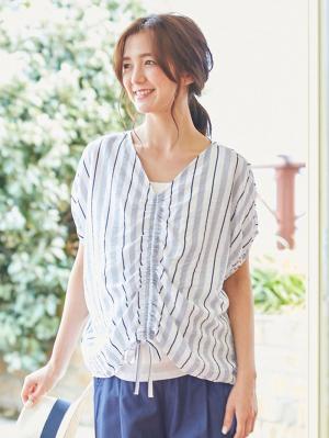 マタニティ トップス|マルチストライプドロストドルマンシャツ【出産後も長く使える】|ネイビー