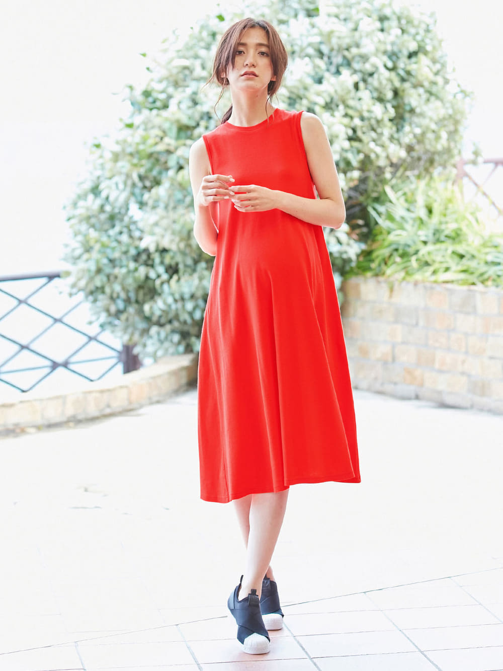 マタニティ ワンピース 授乳口付 テレコノースリーブフレアロングワンピース マタニティウェア 授乳服通販 エンジェリーベ 公式