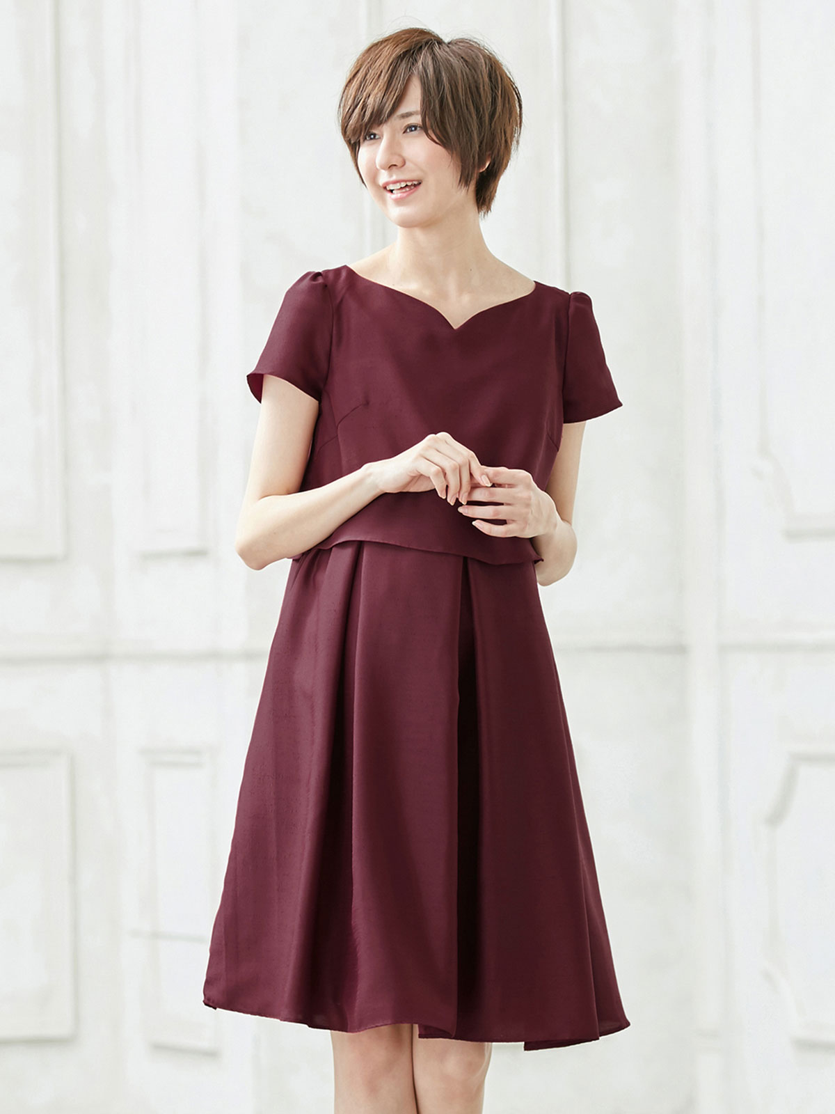 マタニティ ワンピース|【MAX55%OFF ブラックフライデーセール対象】【マタニティ・授乳服】LOVE MIC（ラブミック）シャンタンハートネックフレアワンピース|ワイン