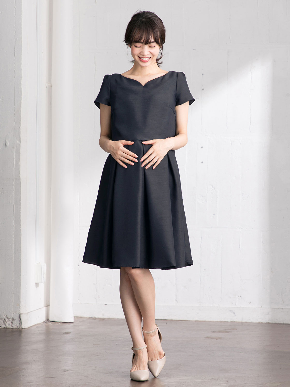 マタニティ ワンピース|【MAX55%OFF ブラックフライデーセール対象】【マタニティ・授乳服】LOVE MIC（ラブミック）シャンタンハートネックフレアワンピース|ネイビー