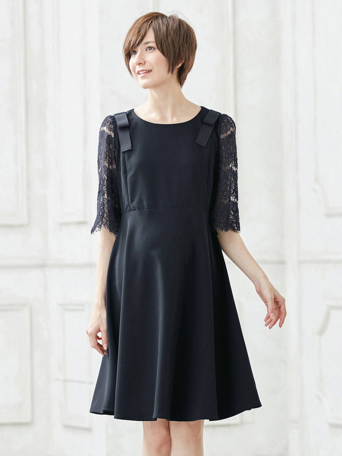 マタニティ ワンピース Love Mic 授乳口付 ストレッチジョーゼット袖レースフレアワンピース マタニティウェア 授乳服通販 エンジェリーベ 公式