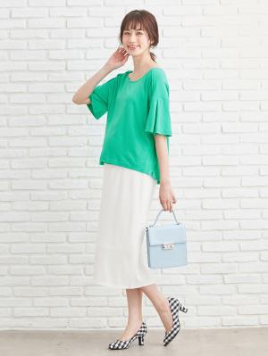マタニティ トップス|【マタニティ・授乳服】バックタックフレアースリーブTシャツ【出産後も長く使える】|ブルーグリーン