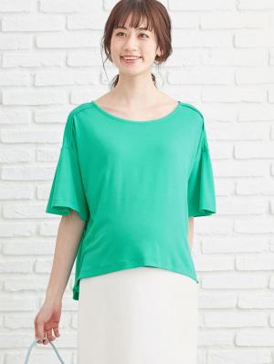 マタニティ トップス|【マタニティ・授乳服】バックタックフレアースリーブTシャツ【出産後も長く使える】|ブルーグリーン