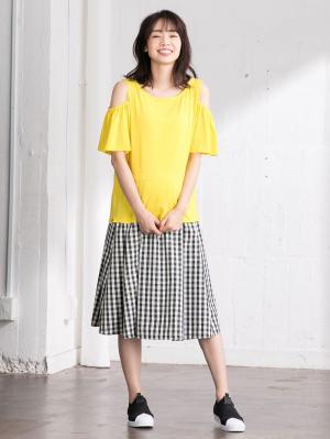 マタニティ トップス|オープンショルダーTシャツ　マタニティ・授乳服|イエロー