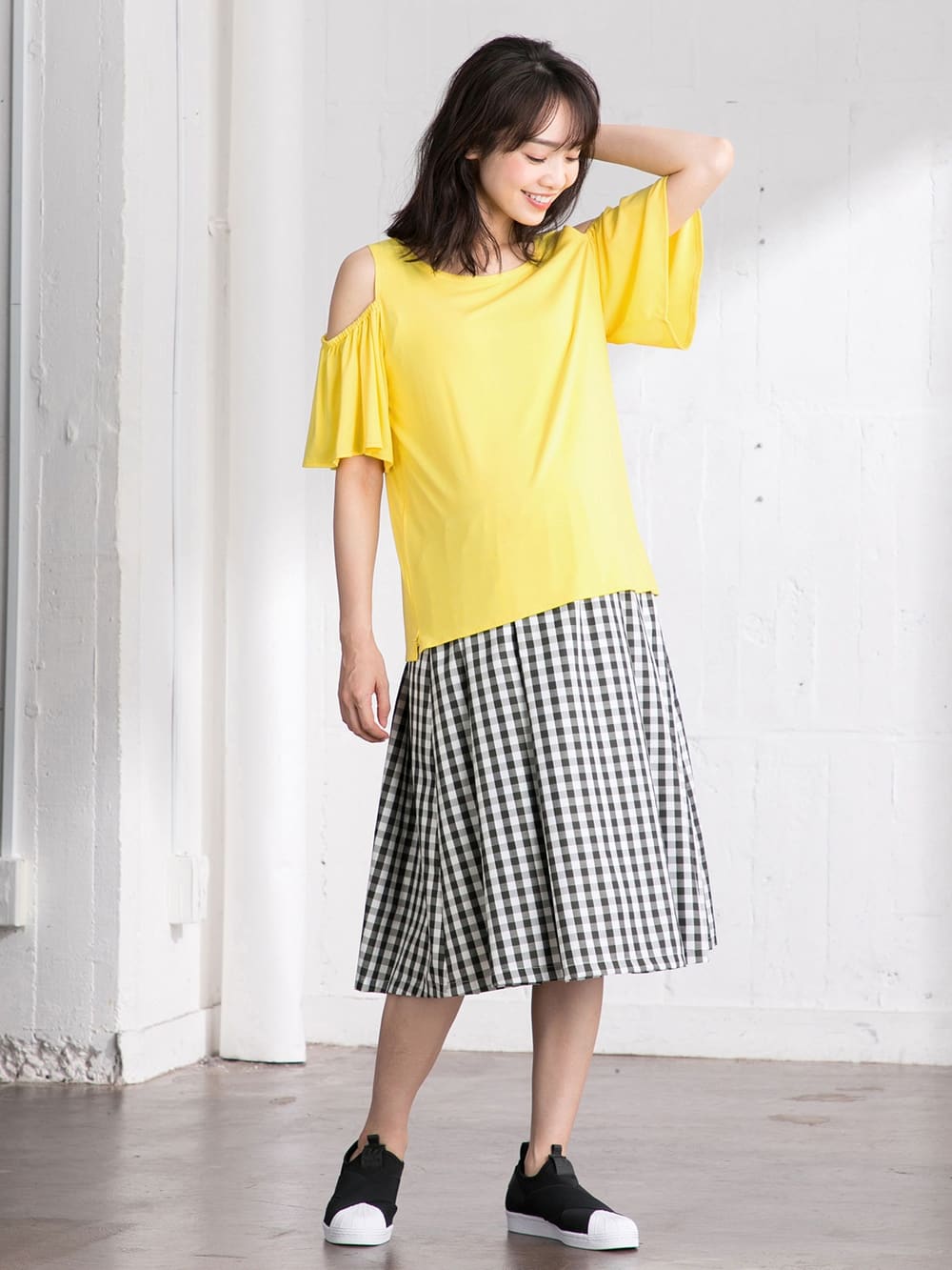 マタニティ トップス|オープンショルダーTシャツ　マタニティ・授乳服|イエロー