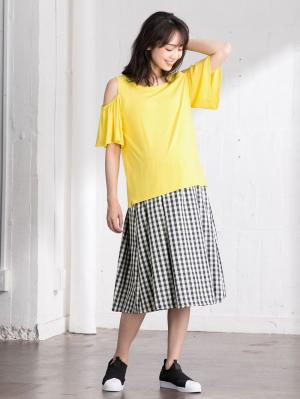 マタニティ トップス|オープンショルダーTシャツ　マタニティ・授乳服|イエロー