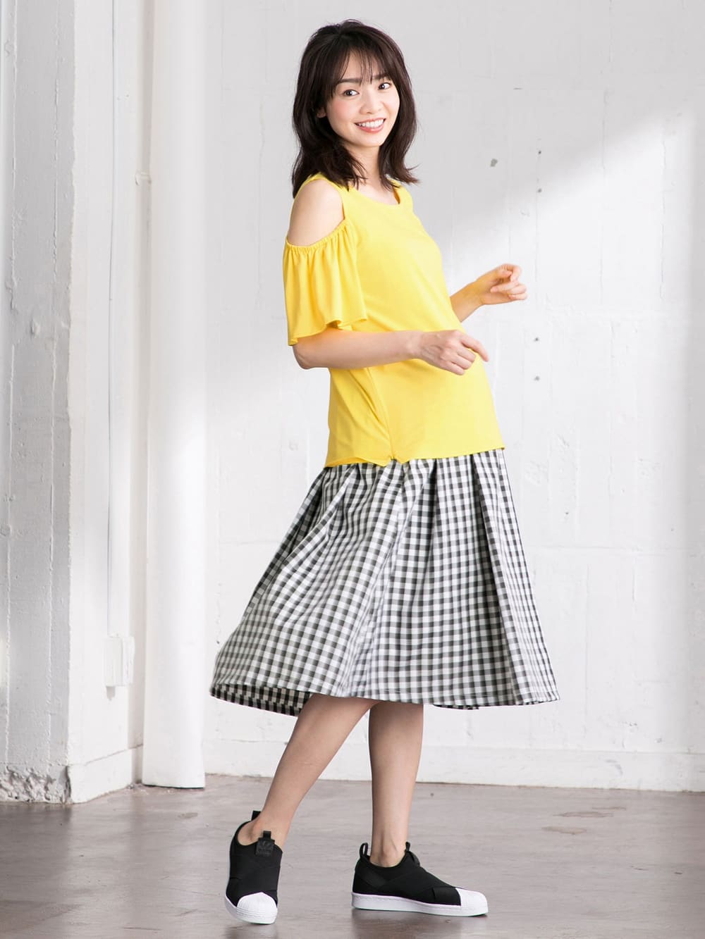 マタニティ トップス|オープンショルダーTシャツ　マタニティ・授乳服|イエロー