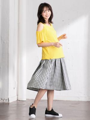 マタニティ トップス|オープンショルダーTシャツ　マタニティ・授乳服|イエロー