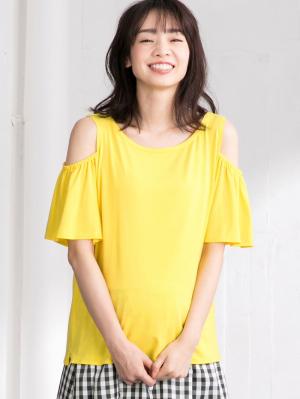 マタニティ トップス|オープンショルダーTシャツ　マタニティ・授乳服|イエロー